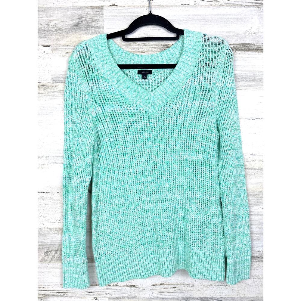 Talbots Womens M Teal Blue Fleck Wide Knit Long Sleeve V Neck Pullover Sweater